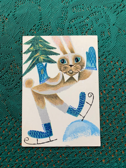 Estonian Christmas / New Year Greeting card - Artist Iivi Sampu-Raudsepp - Hare with blue skates and mittens - 1970 - unused