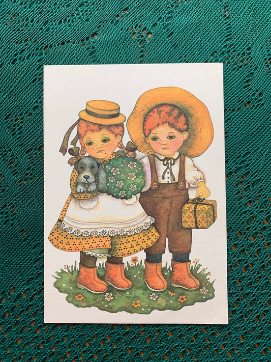 Estonian art postcard - Artist Viive Noor - Boy Girl Dog Flowers - 1986 - unused