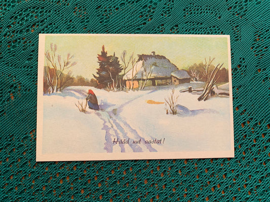 Estonian Christmas / New Year Greeting card - Old Farm House - Winter - Reproduction from old postcard - 1988 - unused