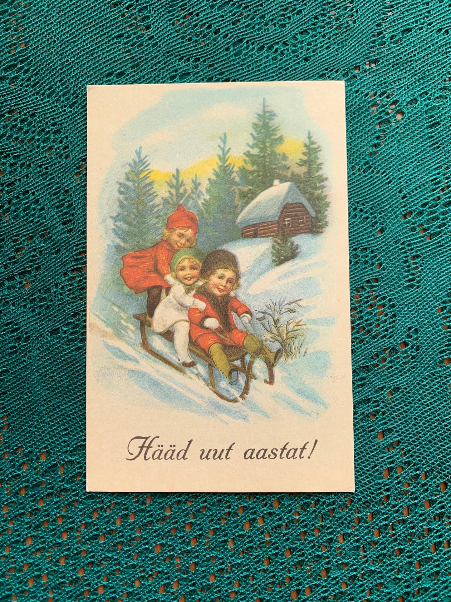 Estonian Christmas / New Year Greeting card - Children having a slide - Old Farm House - Winter - Reproduction from old postcard - 1988 - unused