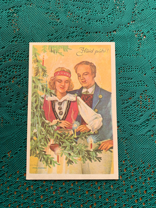 Estonian Christmas / New Year Greeting card - Man and woman in Folk Costumes - Reproduction from old postcard - 1988 - unused