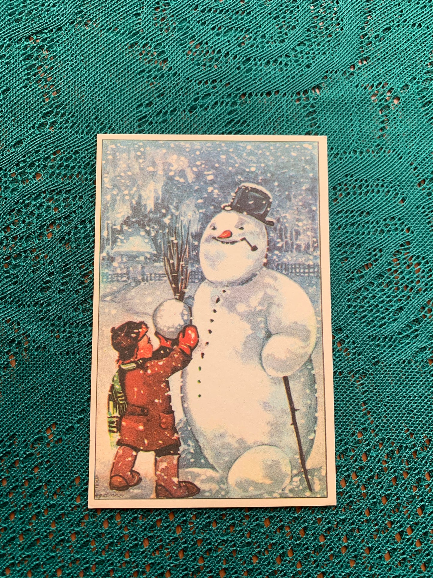 Estonian Christmas / New Year Greeting card - Reproduction from old postcard - Boy and Snowman - 1988 - unused