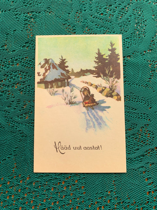 Estonian Christmas / New Year Greeting card - Reproduction from old postcard - Horse ride - Old Farm House - 1988 - unused