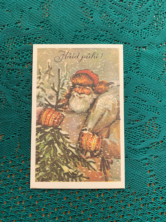 Estonian Christmas / New Year Greeting card - Reproduction from old postcard - Santa Claus with Christmas tree - 1988 - unused