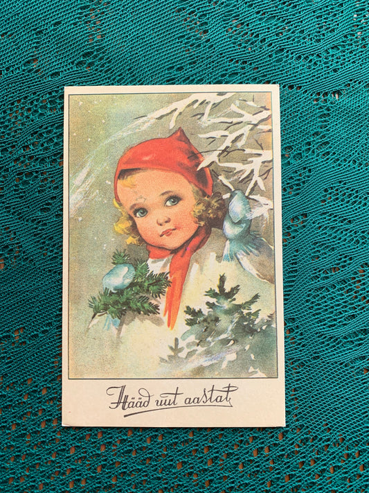 Estonian Christmas / New Year Greeting card - Reproduction from old postcard - Girl under Christmas tree - 1988 - unused