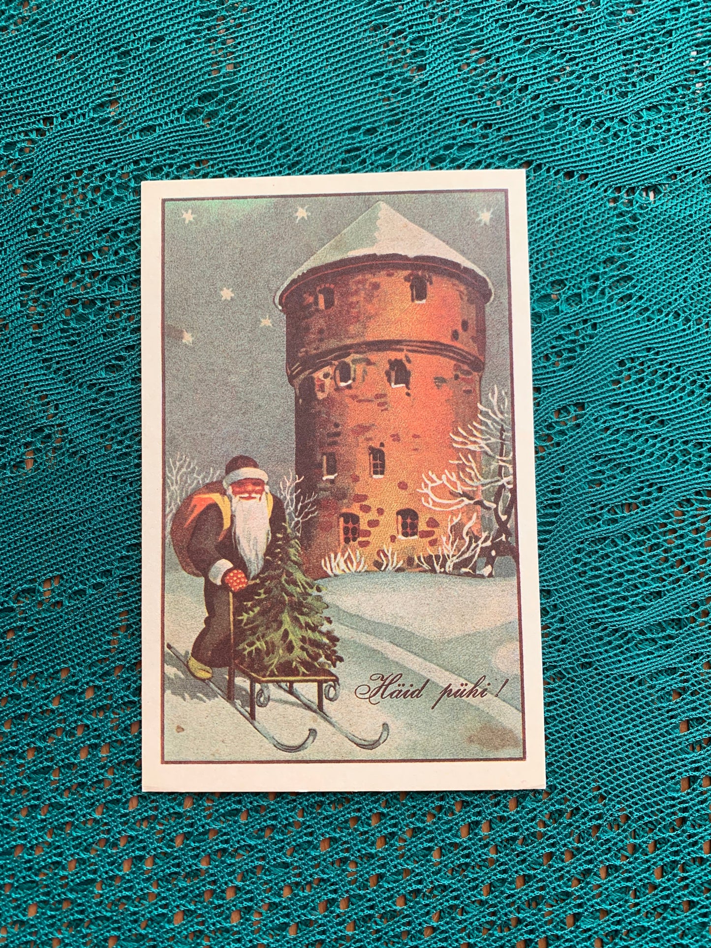 Estonian Christmas / New Year Greeting card - Reproduction from old postcard - Santa Claus with Christmas tree - 1988 - unused