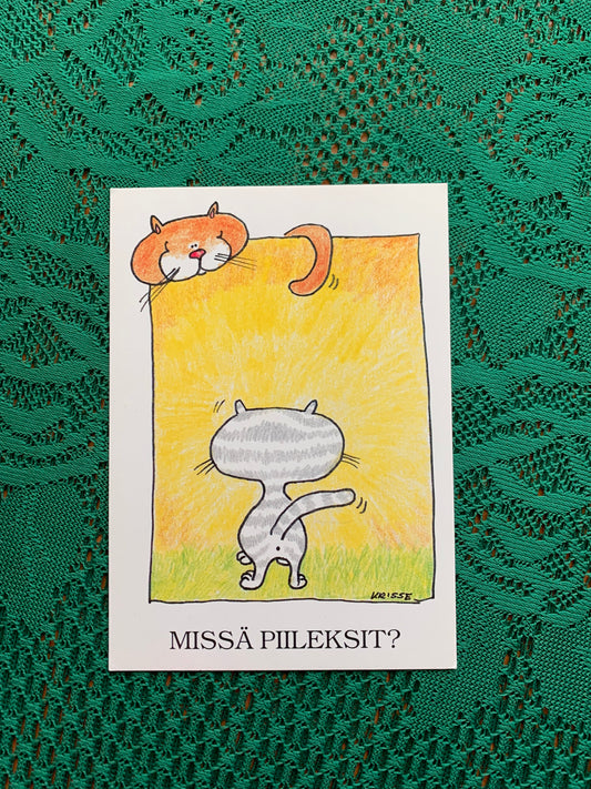 Finnish art postcard with cats - Printed in Finland - Text in Finnish. "Where do you hide yourself?" - unused