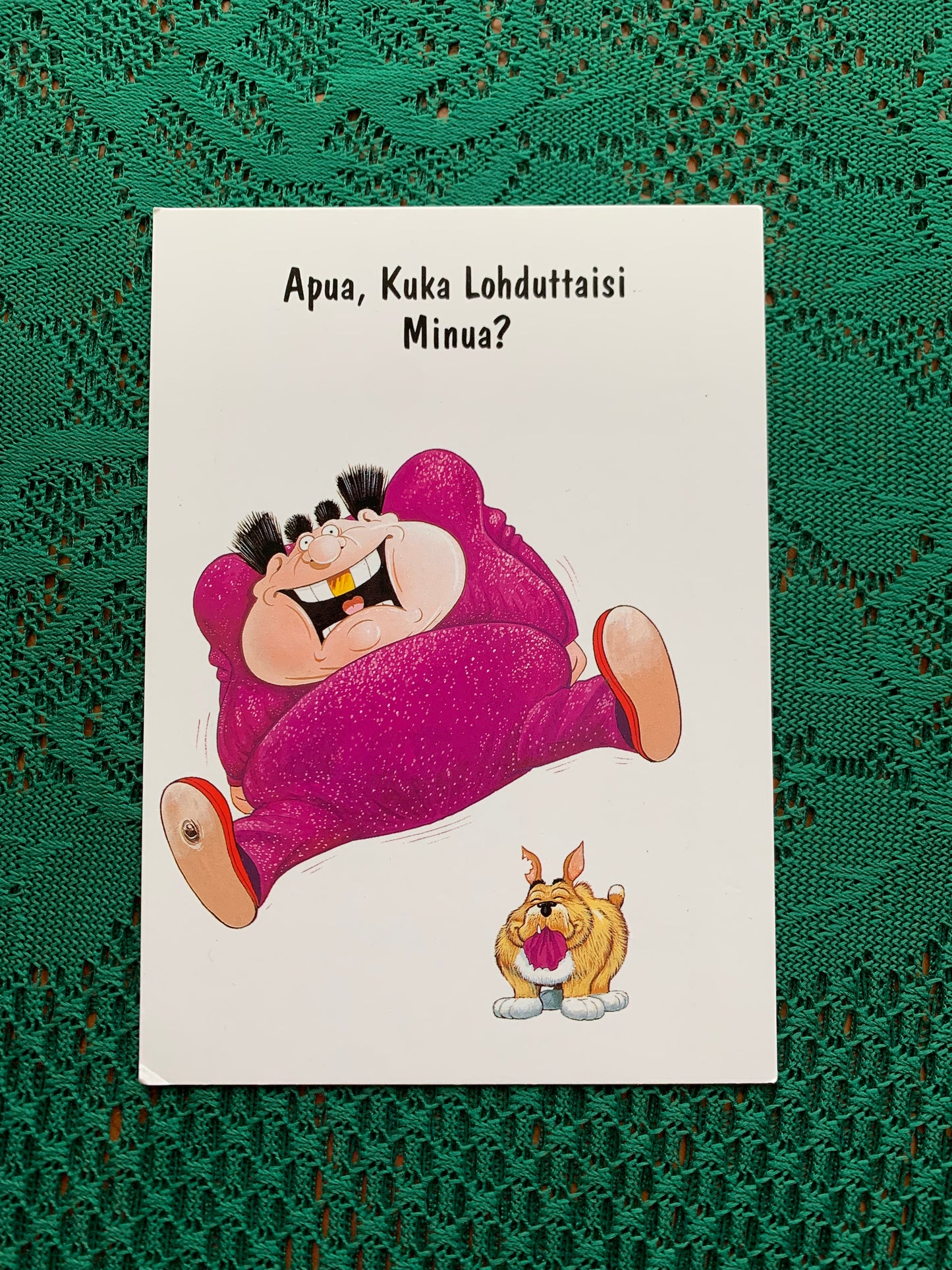 Vintage humour postcard - Printed in UK - Frank Fehmers Productions - Text in Finnish. "Help, Who Would Comfort Me?" - unused