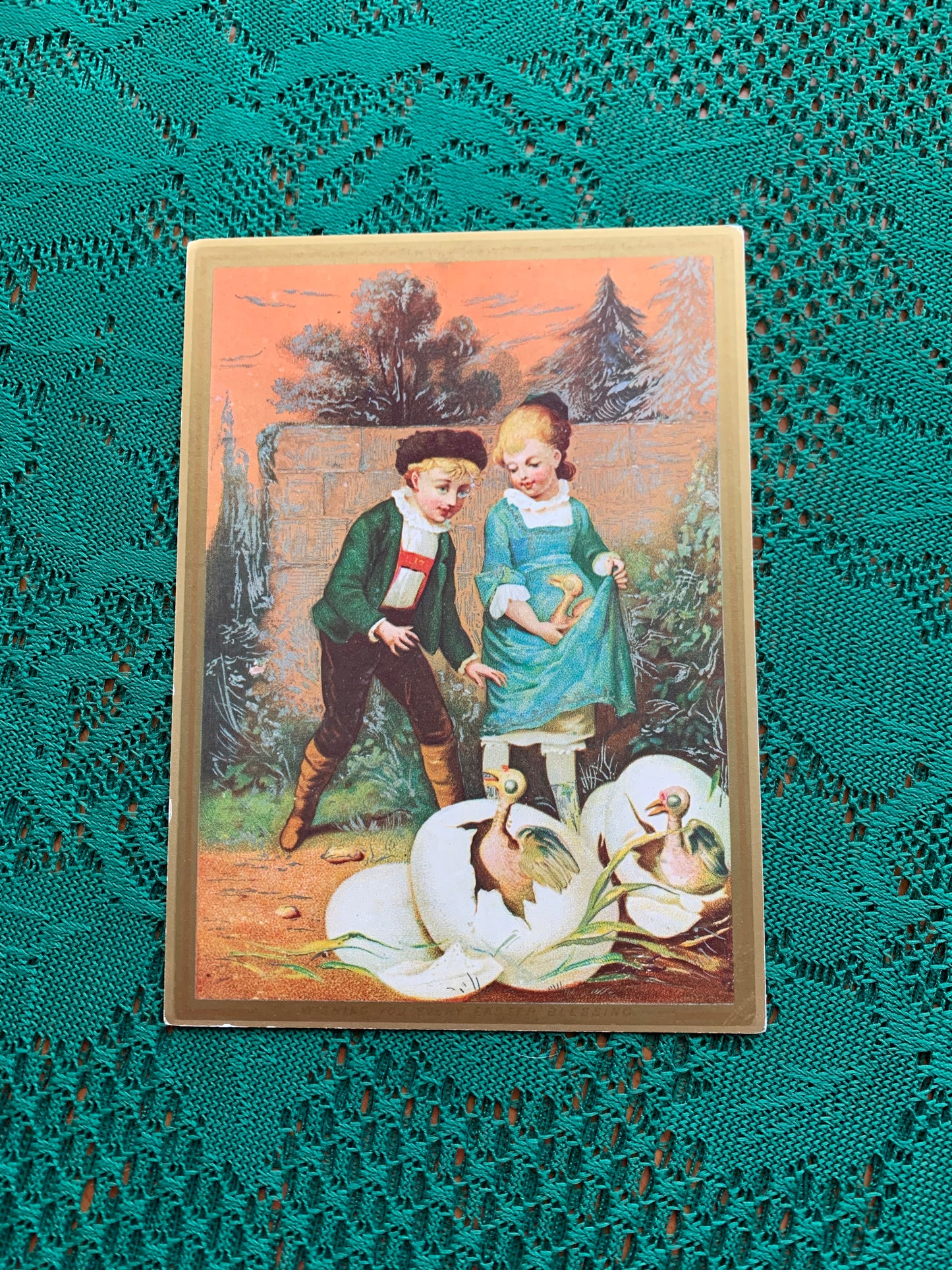 Vintage Chimera art postcard - Produced in UK - Boy and Girl with eggs - Unused Greeting card