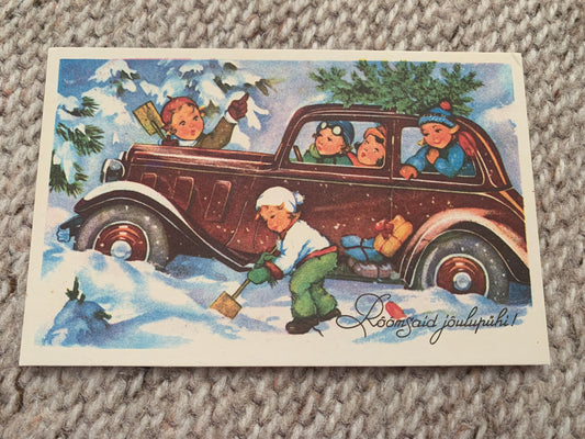 Estonian Christmas / New Year Art Greeting card - Winter - Children - Reproduction from old postcard - 1991 - unused
