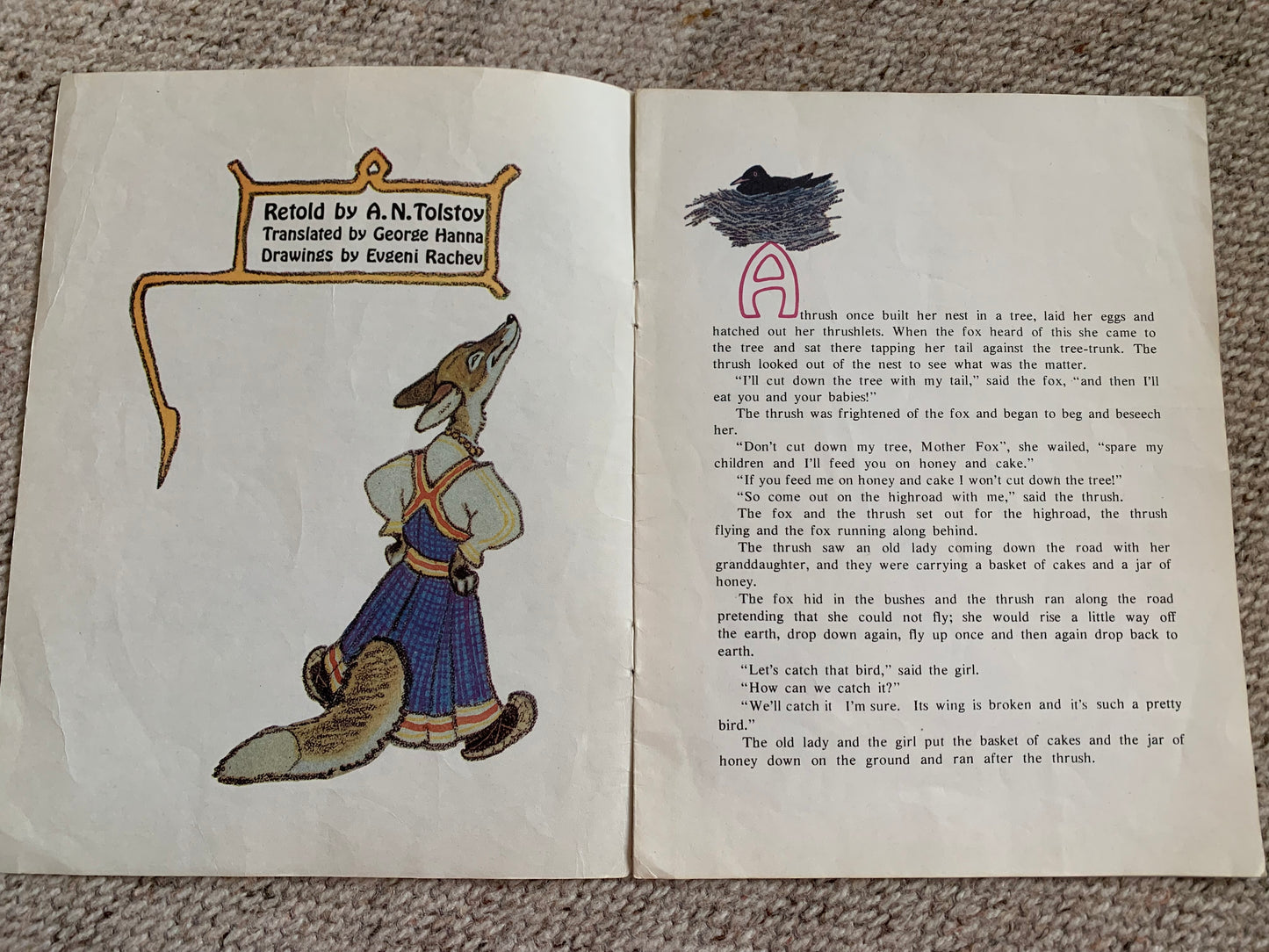 Vintage Russian Children's Book in English - THE FOX and THE TRUSH - Russian Folk Tale - 1984