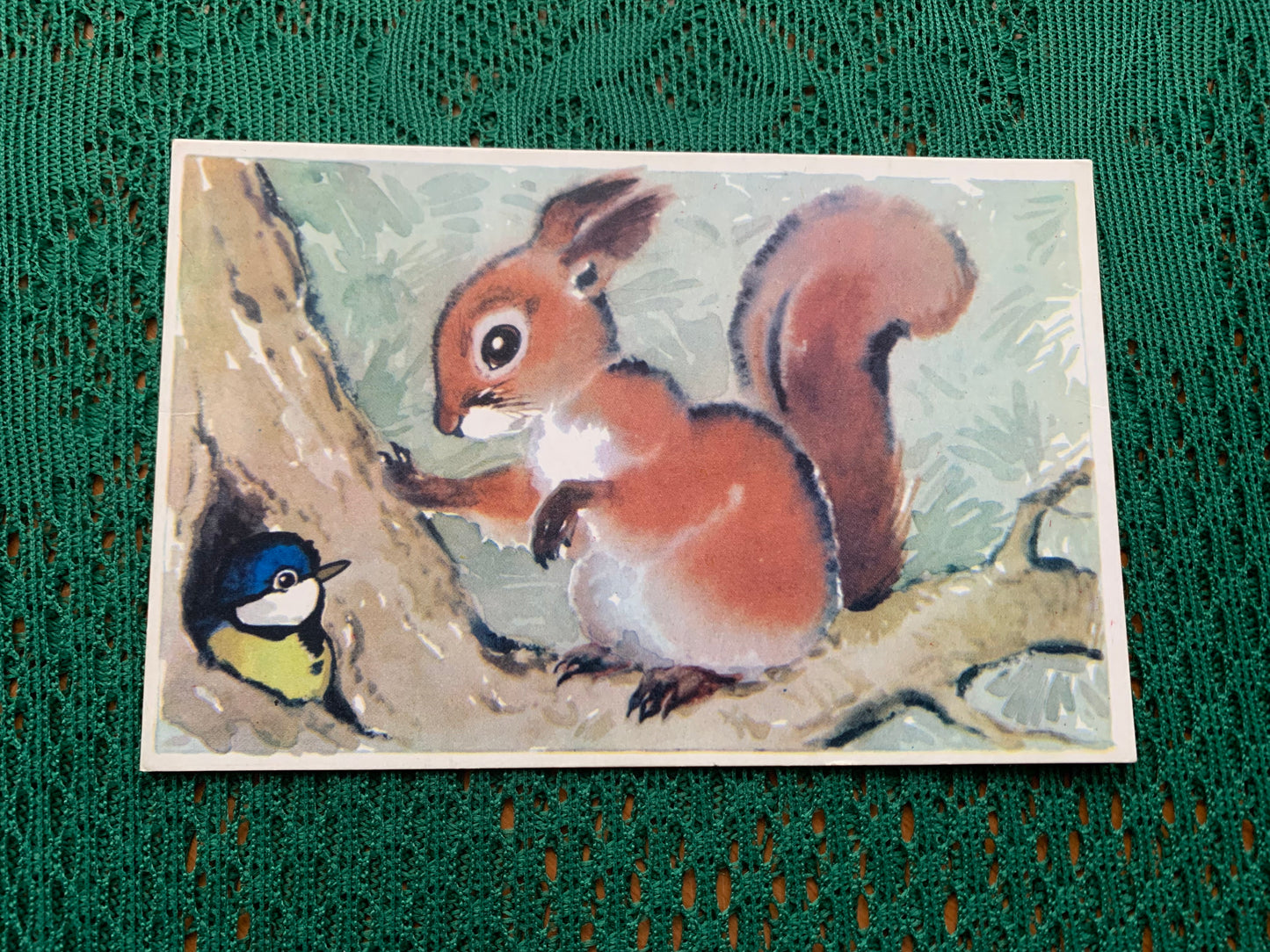 Russian art postcard - Artist L.Gamburger - Little Bird and Squirrel - Animal postcard - Printed in USSR - 1970 - unused