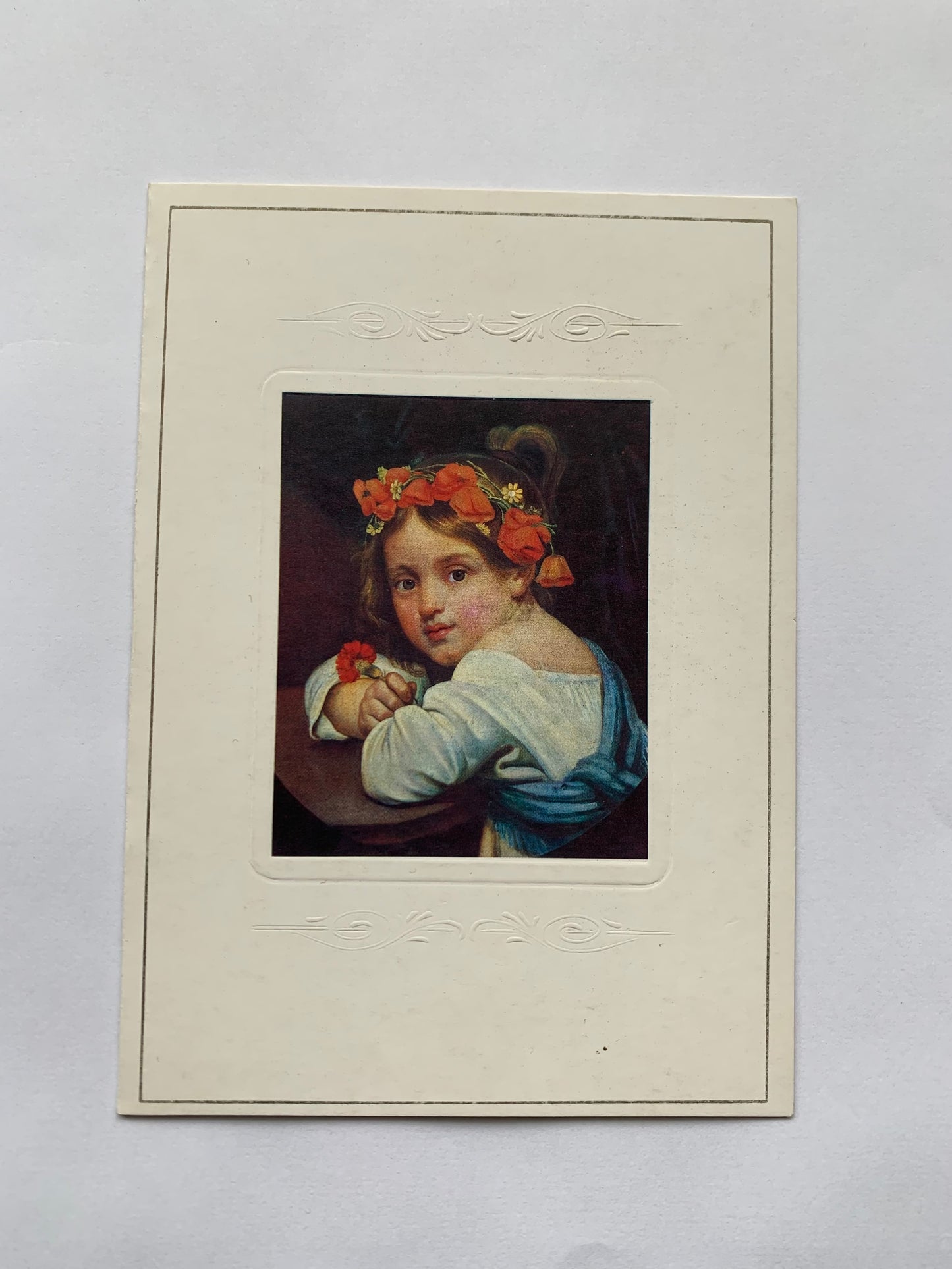 Soviet art postcard - Artist O. KIPRENSKY - A girl in a poppy wreath with a carnation in her hand. (Fragment from 1819 painting) - Russia USSR - 1982 - unused