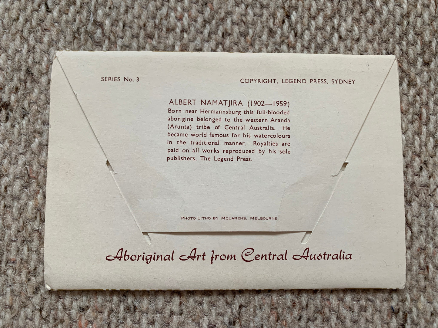 Aboriginal Art from Central Australia - Artist ALBERT NAMATJIRA - Set of SIX WATERCOLOURS - Legend Press Sydney - unused