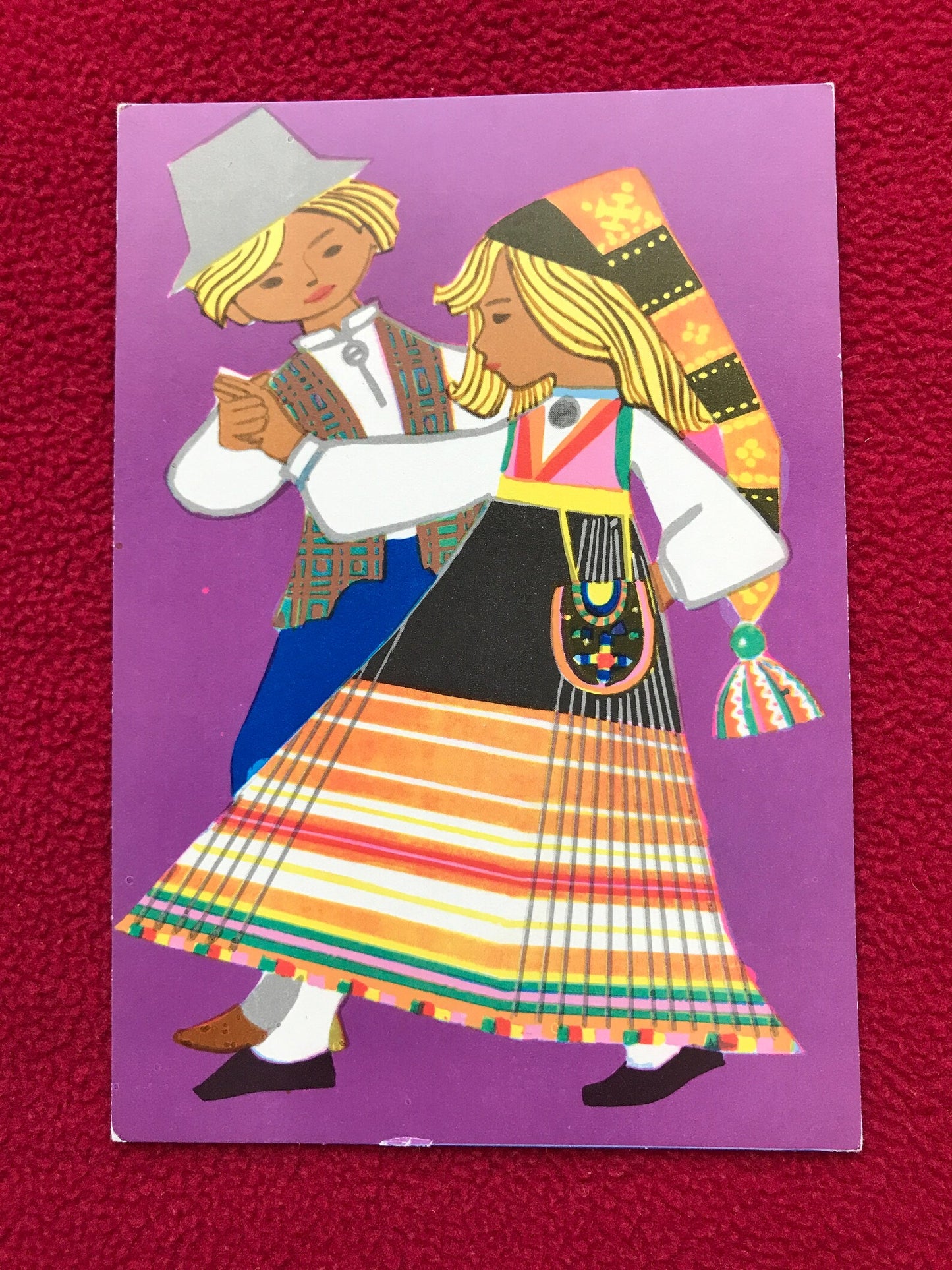 Estonian art postcard - Artist Margareta Fuks - Dancing Boy and Girl in folk clothes - 1971 - unused