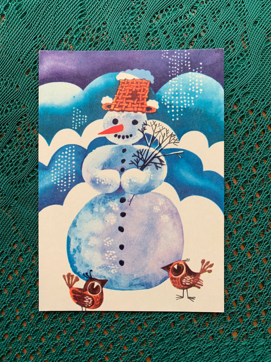 Estonian Christmas / New Year Greeting card - Artist Iivi Sampu-Raudsepp - Snowman and birds - 1975 - unused